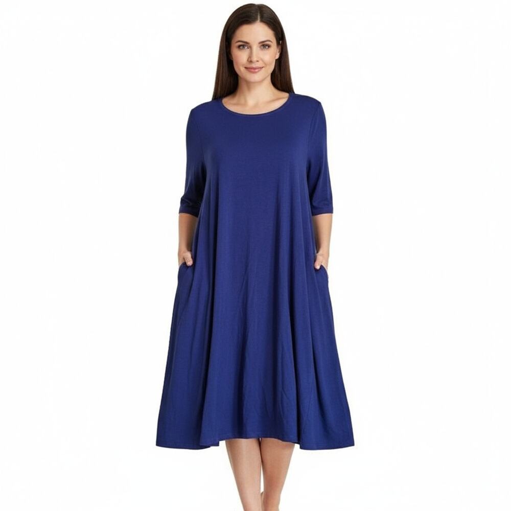 Joan Vass NY Blue Short Sleeves Round Neck Side Pockets Swing Dress
